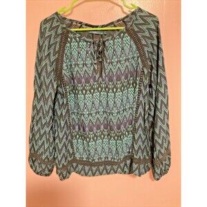 Prana Women’s S Green Peasant Blouse Designer Fashion Front Tie Embroidered